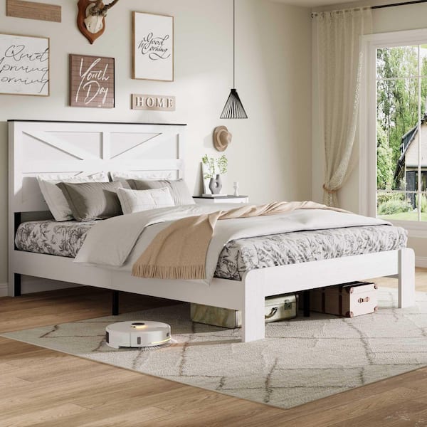 Rustic Farmhouse White Wood + Metal Frame King Size Platform Bed
