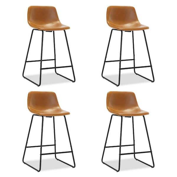 LUE BONA 33.07 in. Whiskey Brown Faux Leather Counter Height Bar Stools with Metal Frame (Set of 4)