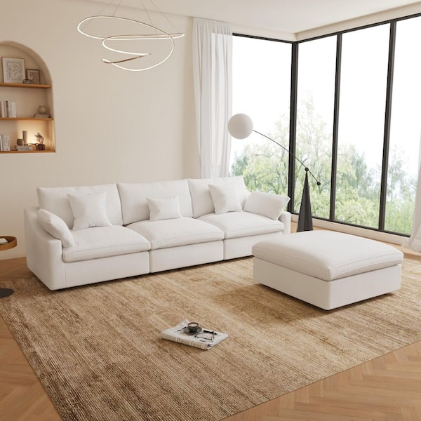 Modular 119 in. Down Filled Linen Large 3-Seat Sofa Solid Wood Cloud Couch Sectional in White with Ottoman for Apartment