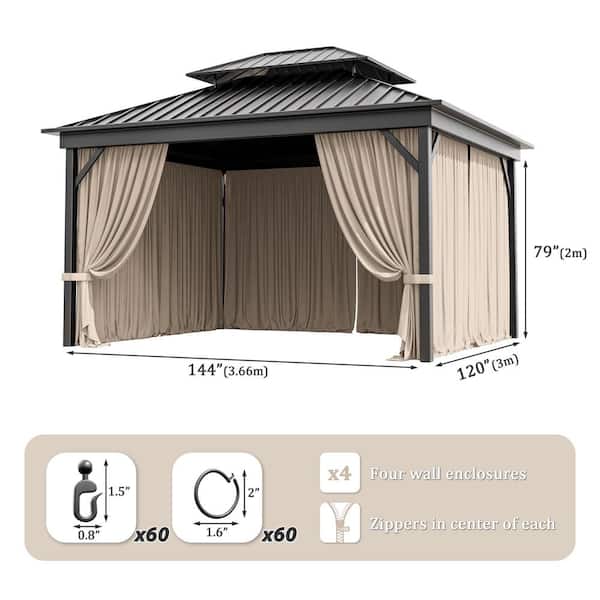 10 ft. x 12 ft. Universal Outdoor Privacy Curtains, Gazebo Replacement with Zipper Khaki (4-Side Curtain Only)