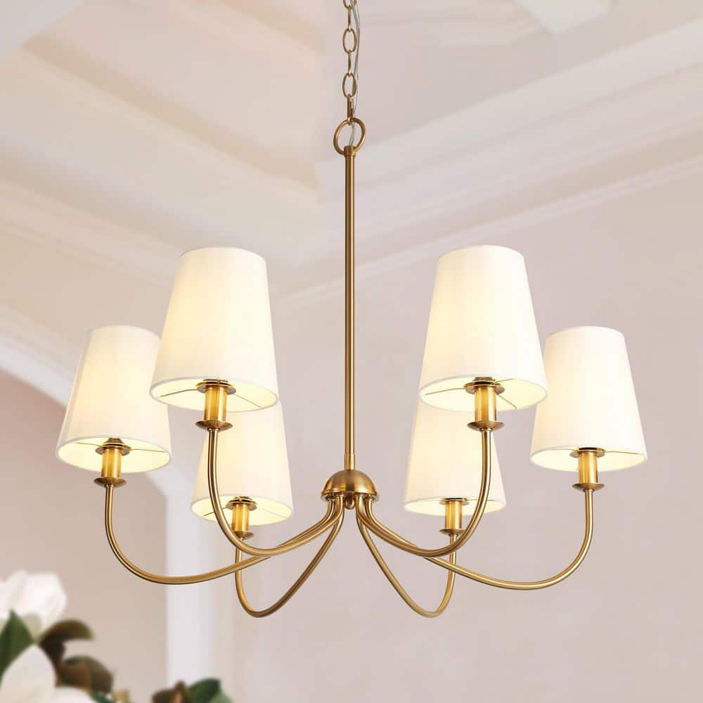 Transitional Plated Brass Linear Chandelier with White Cone Fabric Shades 6-Light Vintage Candlestick Hanging Light price history on PriceWatchPro