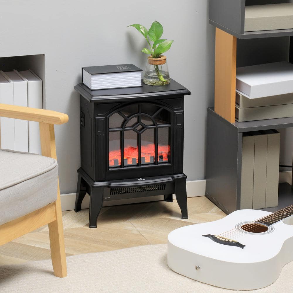 18" Black Electric Freestanding Fireplace Heater with Realistic Flame