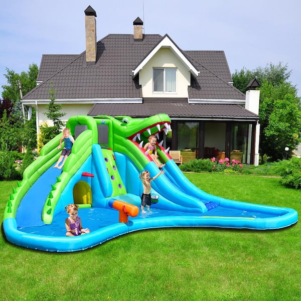 Multi-Color Inflatable Kid Crocodile Bounce House Dual Slide Climbing Wall Splash Pool with Bag