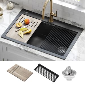Bellucci Metallic Black Granite Composite 33 in. Single Bowl Drop-In Workstation Kitchen Sink with Accessories