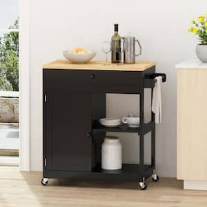 Black Kitchen Cart with Drawers;Shelf;Spice Rack;Wheels