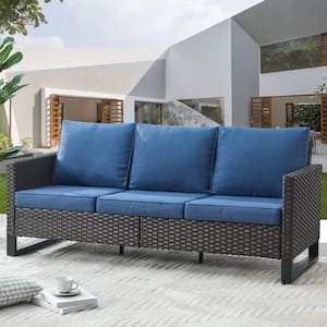 U-Shaped Foot Series 3-Seat Wicker Outdoor Patio Sofa Couch with Deep Seating and Cushions (Brown/Blue)