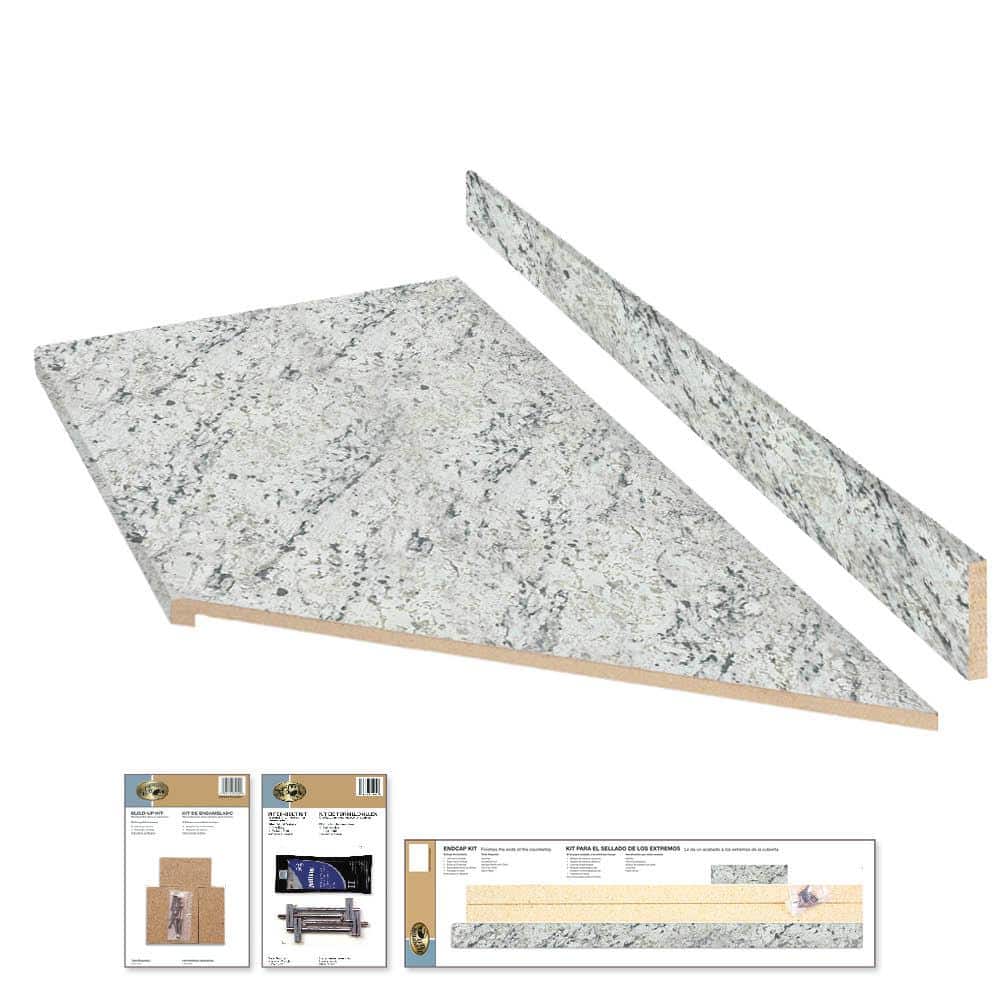 8 ft. Right Miter Laminate Countertop Kit Included in Textured White Ice Granite with Eased Edge and Backsplash