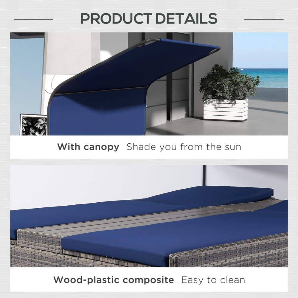 Gray Steel Double Chaise Lounge with Blue Cushions and Canopy