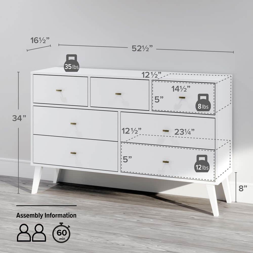White Mid-Century Modern Double Dresser with Brass Knobs