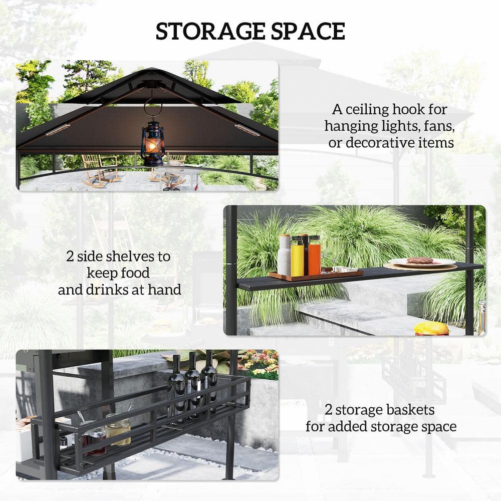 Dark Gray Steel 8' x 5' Outdoor BBQ Grill Gazebo with Shelves