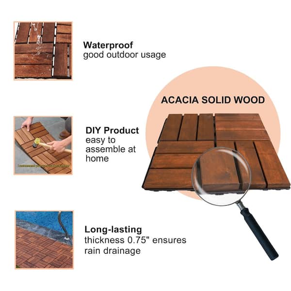 Amucolo 12 in. x 12 in. Checker Pattern Acacia Wood Interlocking Deck Tiles in Brown for Patio, Pool Side (Set of 30 Tiles)