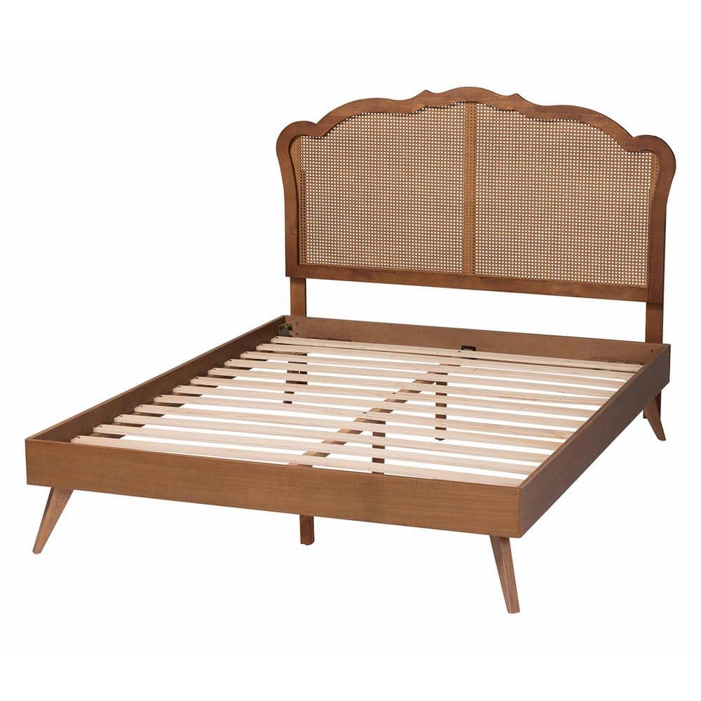 Walnut Brown Queen Wood Frame Platform Bed with Rattan Headboard