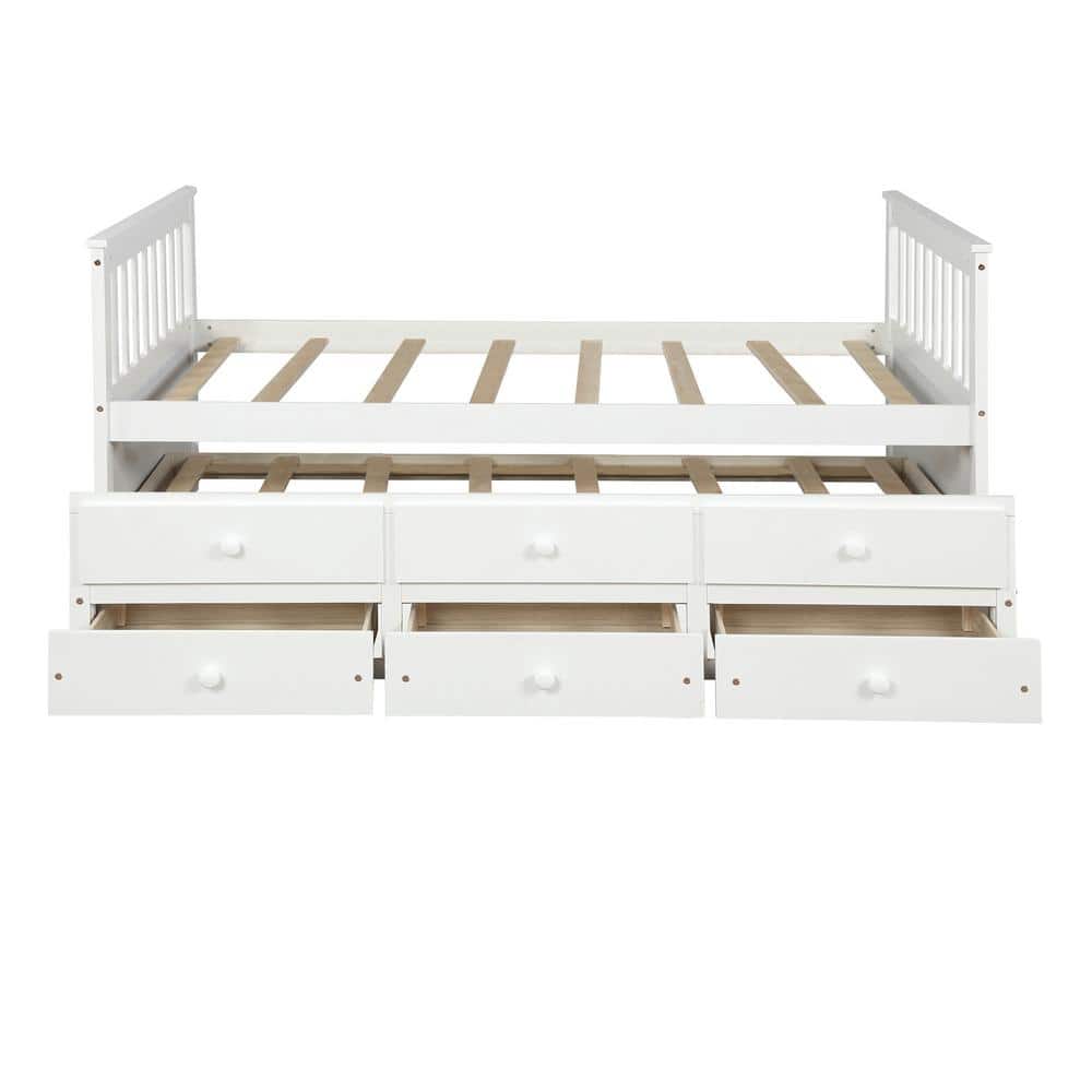 Aoibox 76 in. W White Twin Daybed Wood Frame Captain's Bed with Trundle Bed and Storage Drawers -  SNMX755