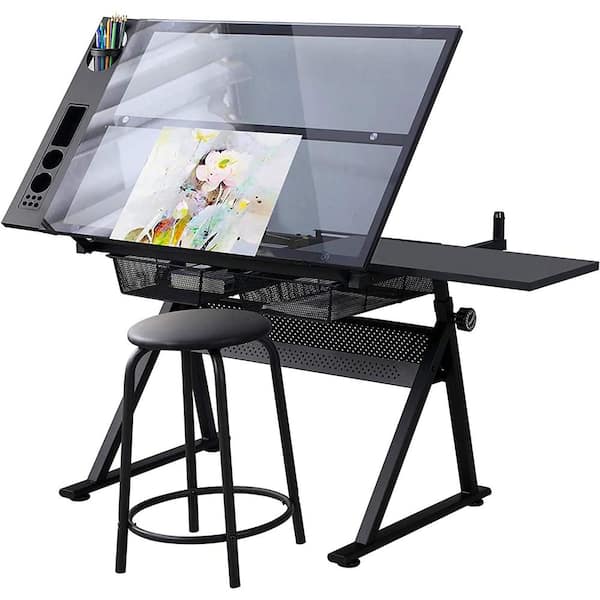 38.5 in. Black Adjustable Tempered Glass Drafting Table and Chair