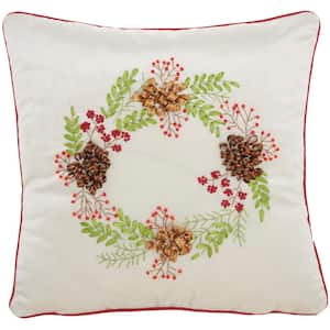 Holiday Beige Floral 16 in. x 16 in. Throw Pillow
