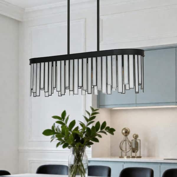 White Modern Rectangular Island Chandelier with Decorative Glass 6-Light Black Dining Hanging Light with Linear Downrod