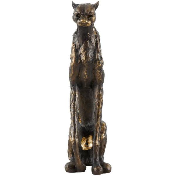 Litton Lane Bronze Polystone Distressed Textured Sitting Leopard Sculpture with Cutouts and Gold Accents