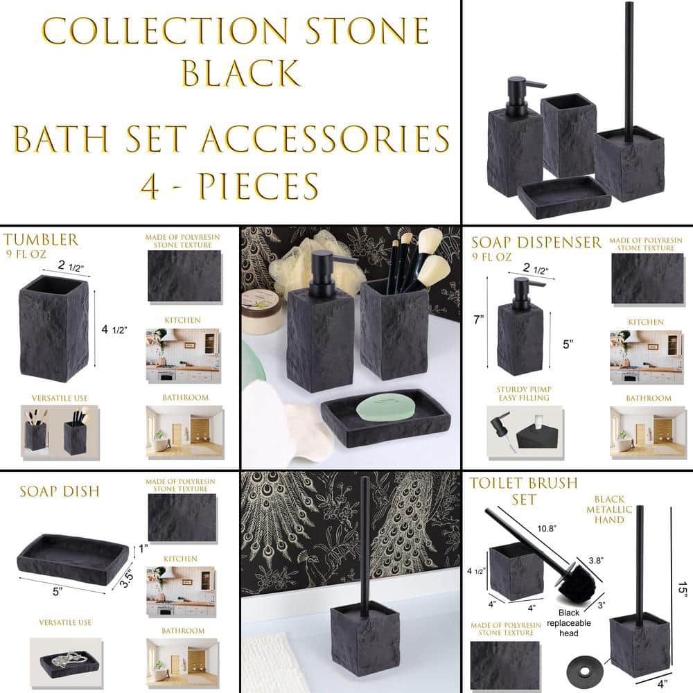 Black Stone Effect Polyresin Bathroom Accessory Set, 4 Pieces