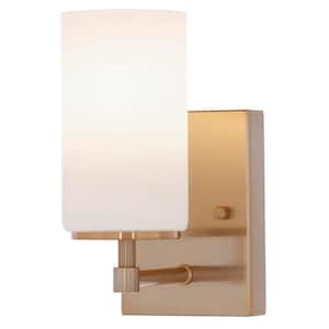 Alturas 4.375 in. Satin Brass Modern Contemporary Wall Sconce Vanity Light with Satin Etched Glass Shade