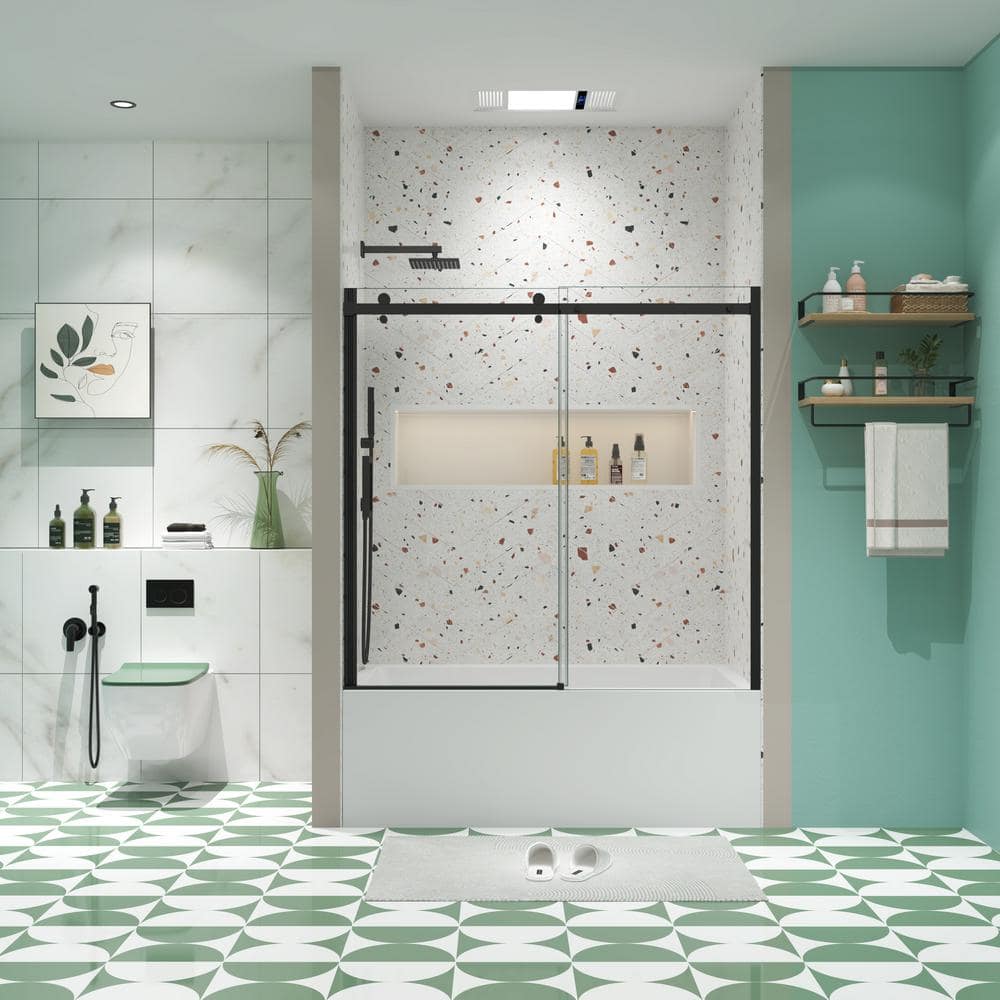Matte Black Tempered Glass Sliding Shower Door 56-60" W x 58" H