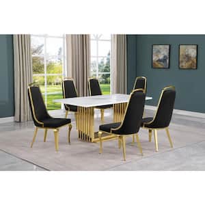 Lisa 7-Piece Rectangular White Marble Top Gold Chrome Base Dining Set with Black Velvet Chairs Seats 6.