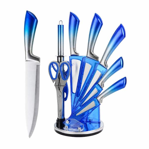 9-Piece Blue Non-Stick Stainless Steel Knife Set with Acrylic Bracket, Sharpener, Peeler, Dishwasher Safe