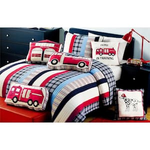 Red White Blue 8-Piece Patriotic Hero Firetruck Station Dalmatian DogPlaidStrippedCotton Queen Quilt Bed Set and Pillows