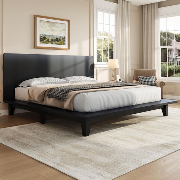 Hazel Modern Black Wood Frame Full Size Platform Bed with Headboard Wood Slat Support