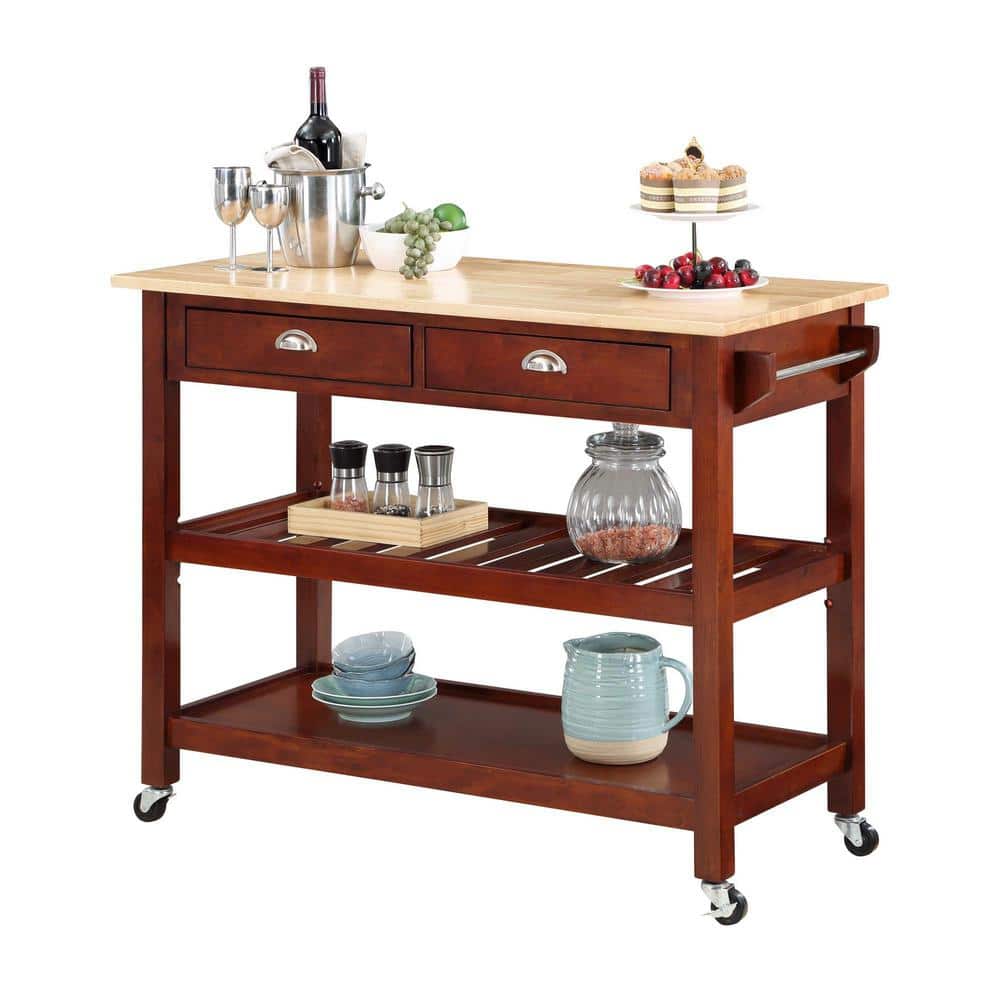 Mahogany Butcher Block Kitchen Cart with Wine Rack and Storage