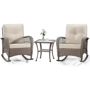 3-Piece Wicker Patio Outdoor Bistro Set with Beige Cushion, 2 All-Weather Outdoor Rocker Chair and 1 Side Table