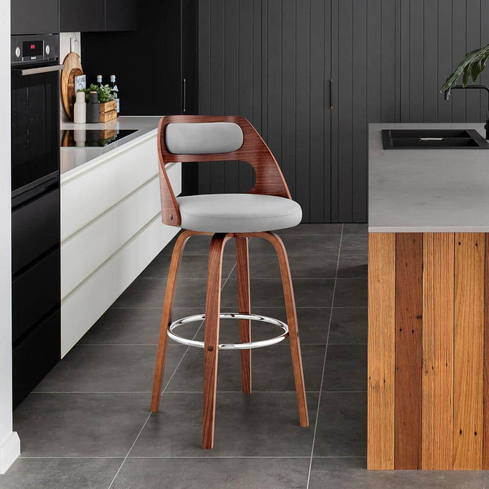 Julius 30" Gray Faux Leather & Walnut Swivel Bar Stool