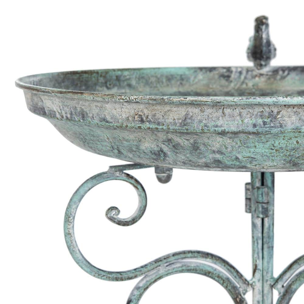 Ashlan Antique Dark Green Iron Bird Bath with Sculpted Bird