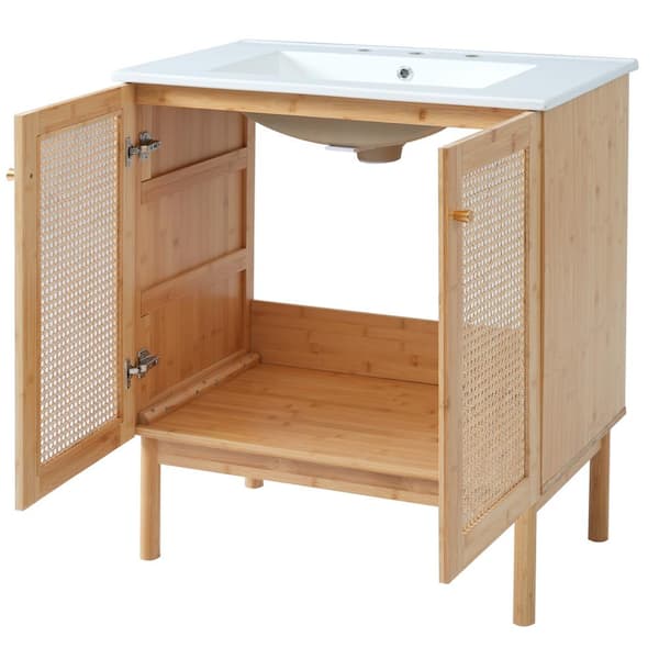 30 in. Freestanding Natural Bath Vanity with White Ceramic Top