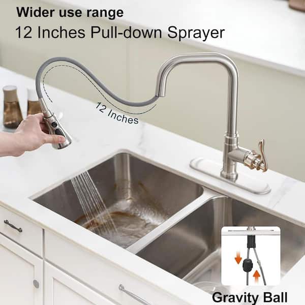 3-Mode Brushed Nickel 14.5 in. H Pull Down Sprayer Kitchen Faucet with 360° Swivel Spout, Deck Plate and Hoses