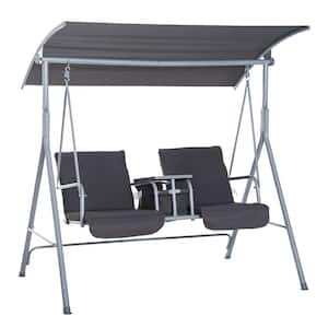 2-Person Gray Metal Patio Porch Swing with Stand, Cushions, Canopy, Pivot Storage Table and 2 Cup Holders