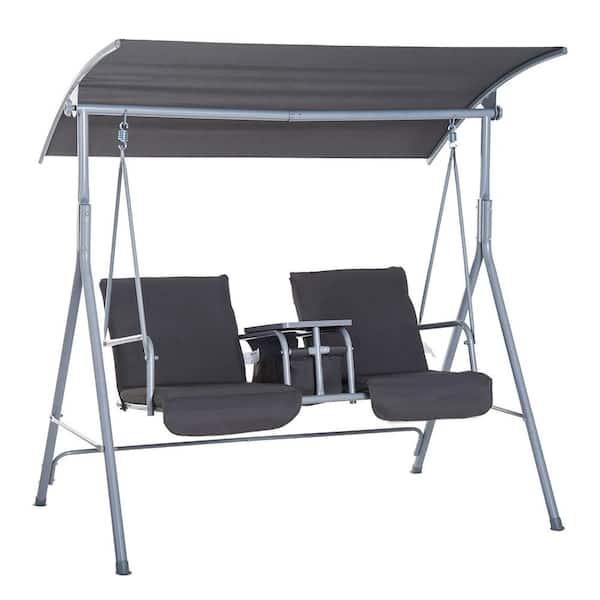 ITOPFOX 2-Person Gray Metal Patio Porch Swing with Stand, Cushions, Canopy, Pivot Storage Table and 2 Cup Holders