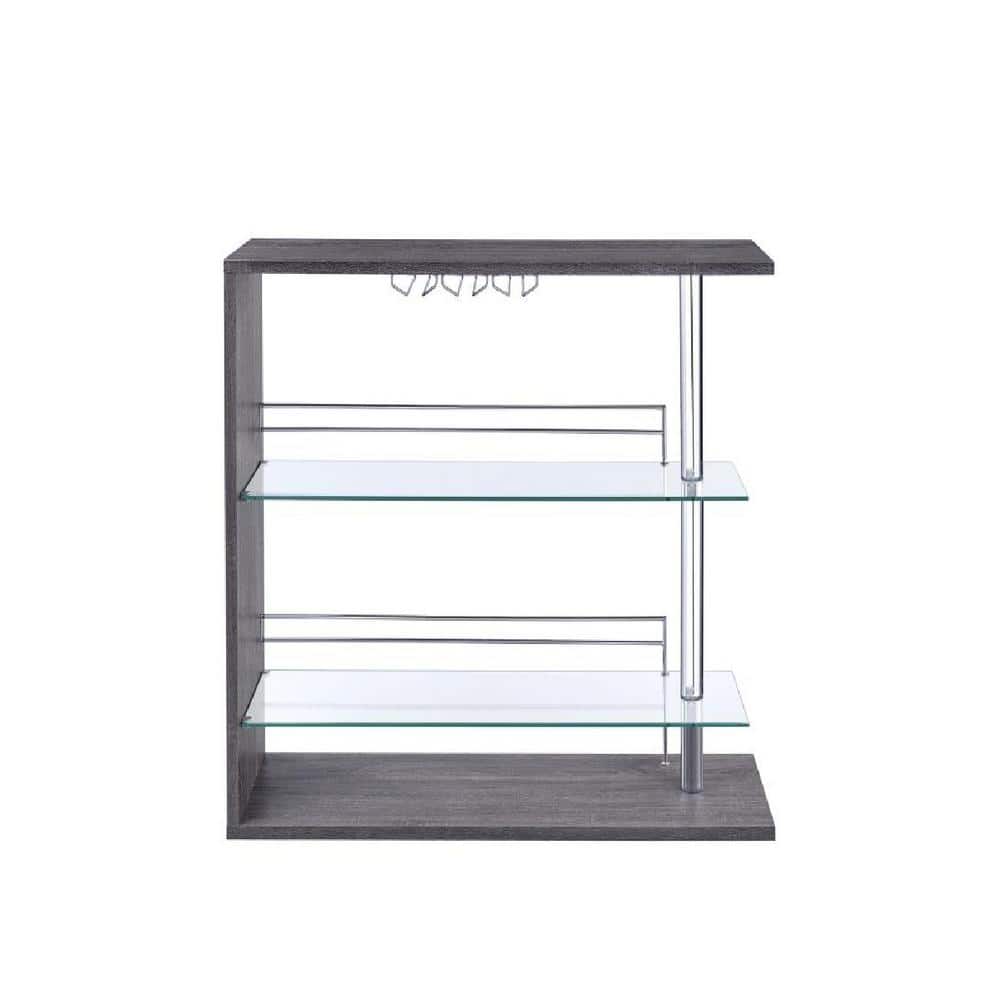 Weathered Gray and Chrome Rectangular Bar Unit with Glass Shelves