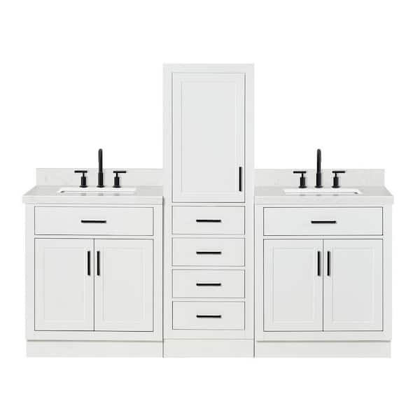 Hepburn 3-Piece Set 2 x 30 in Single Sink Bathroom Vanity with Carrara White Quartz Top and 20 in Linen Cabinet in White