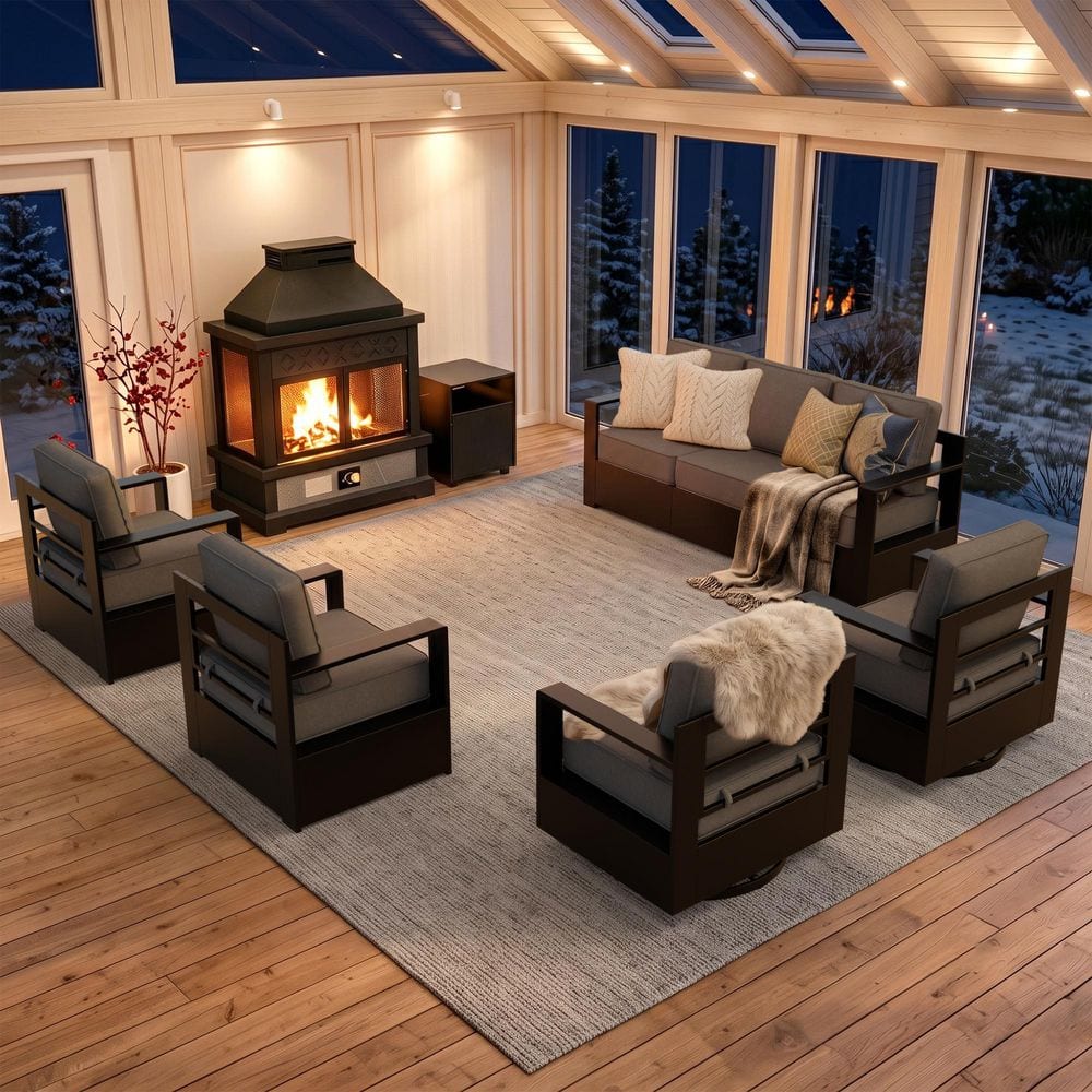 6-Piece Fire Pit Patio Set Metal Outdoor Patio Conversation Set with Sofa, Lounge Chair, Rocking Chair and Gray Cushions