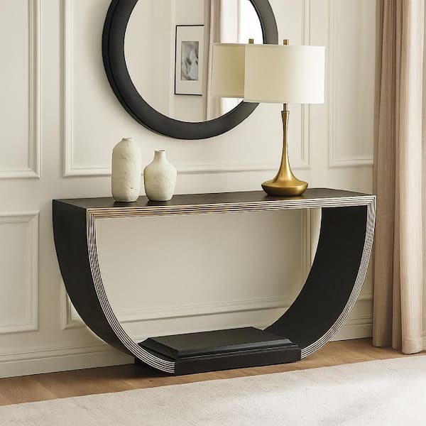Riza 70 in. Black and Gold Finish Half-Moon Wood Frame Console Table