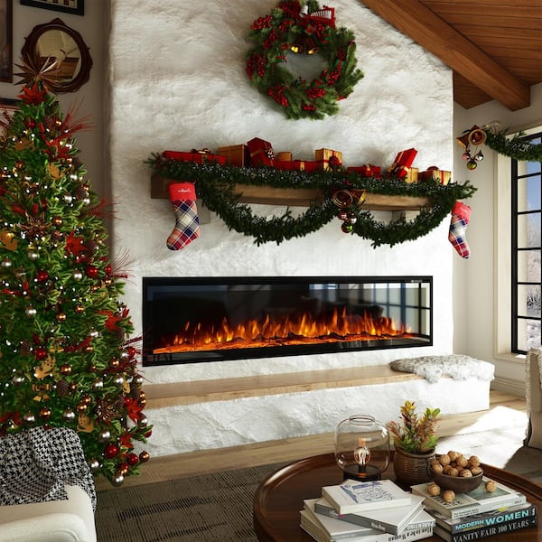 72 in. Wall-Mounted Freestanding Recessed Electric Fireplace with Iron Stand, 12 LED Flame, 5-Level Brightness in Black