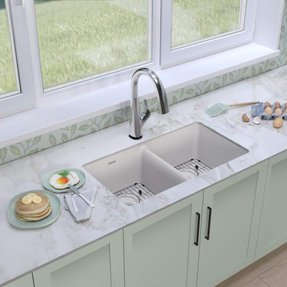 White Quartz Double Bowl Undermount Kitchen Sink with Faucet