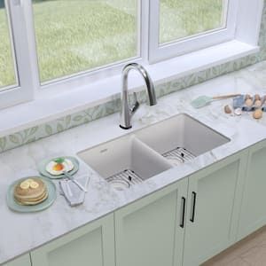 Classic White Quartz 33 in. Equal Double-Bowl Undermount Kitchen Sink with Filtered Faucet and Accessories