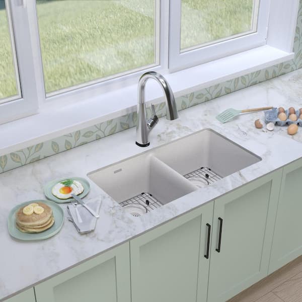 Quartz Classic 33 in. Undermount Double Bowl White Granite/Quartz Composite Kitchen Sink Kit w/ Faucet and Accessories