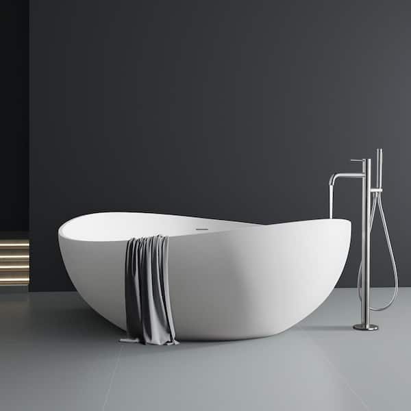 Risti 63 in. x 38 in. Stone Resin Freestanding Soaking Bathtub in White