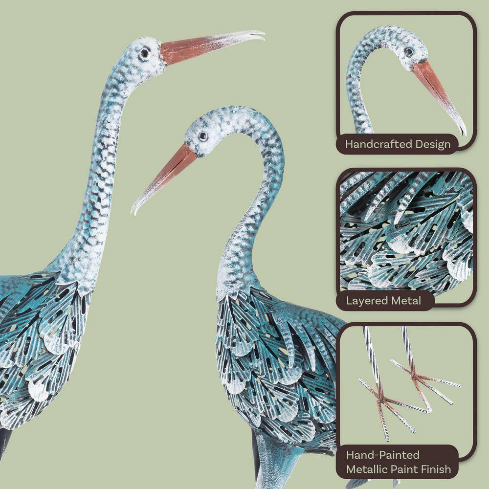 Hand-Painted Blue Metal Crane Garden Statues Set