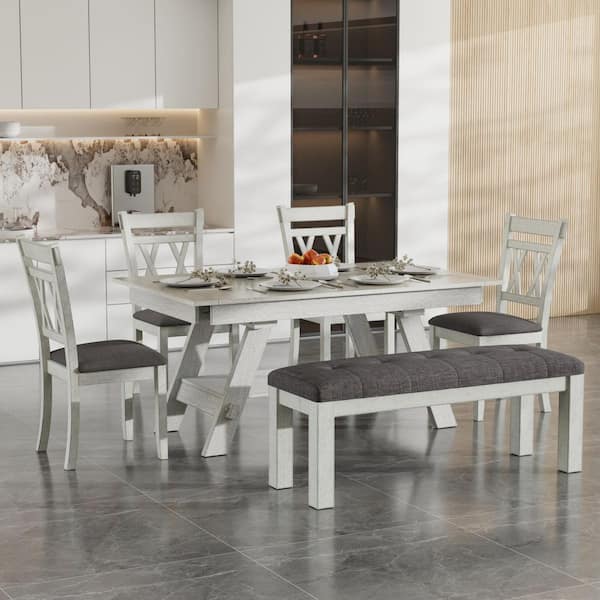 6-Piece Extendable Farmhouse Dining Table Set with 4 Chairs & Bench-Rustic Gray Wood Dining Room Furniture