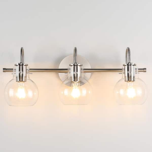 JUSHENG 22.04 in. 3-Light Nickel Bathroom Vanity Light with Clear Glass Shades