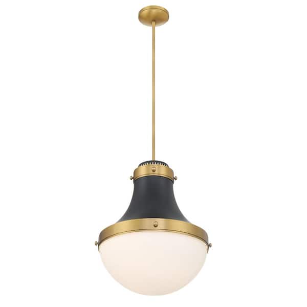 Minka Lavery Purelight 100-Watt 1-Light Dark Matte Black and Legacy Brass Globe Pendant Light with Opal Glass Shade, No Bulb Included