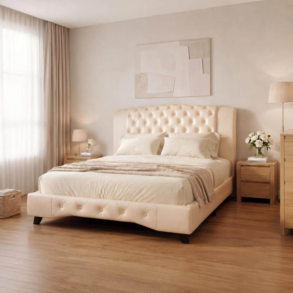 Gold PU Upholstered Frame Queen Size Platform Bed with Tall Headboard